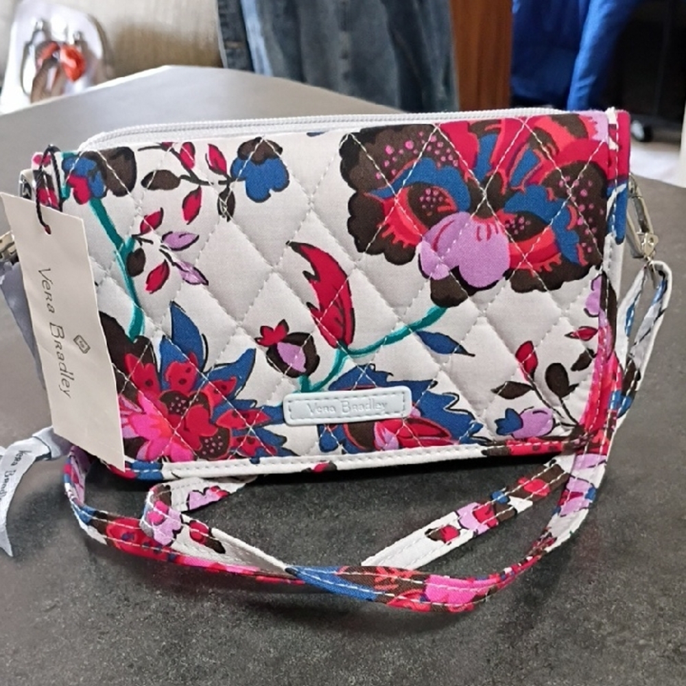 Vera Bradley White Floral Quilted Crossbody with Pink Blue Accents